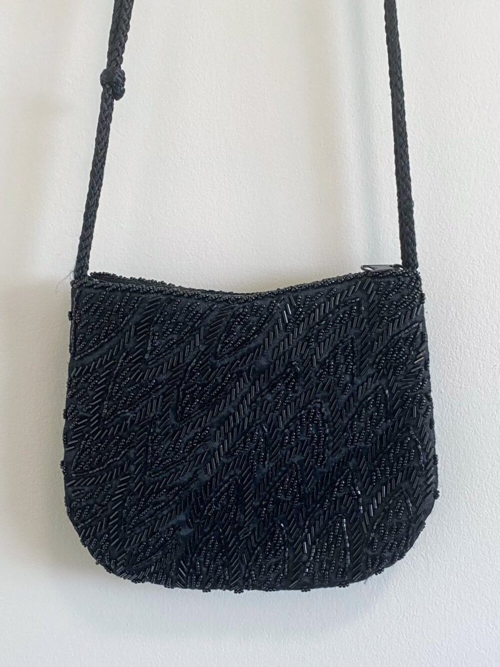 Vintage Black Beaded Crossbody Bag / Y2K / 8 x 7